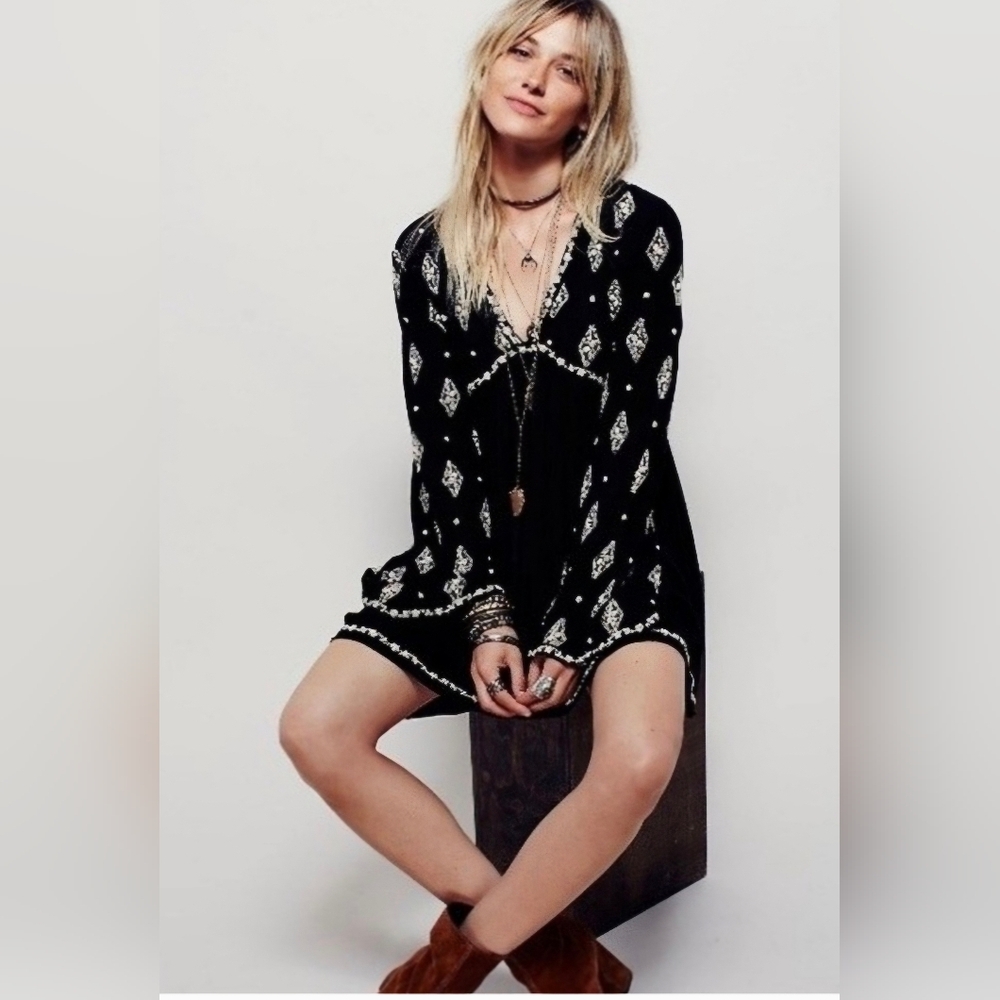 FREE PEOPLE DIAMOND EMBROIDERED TUNIC BOHO DRESS
